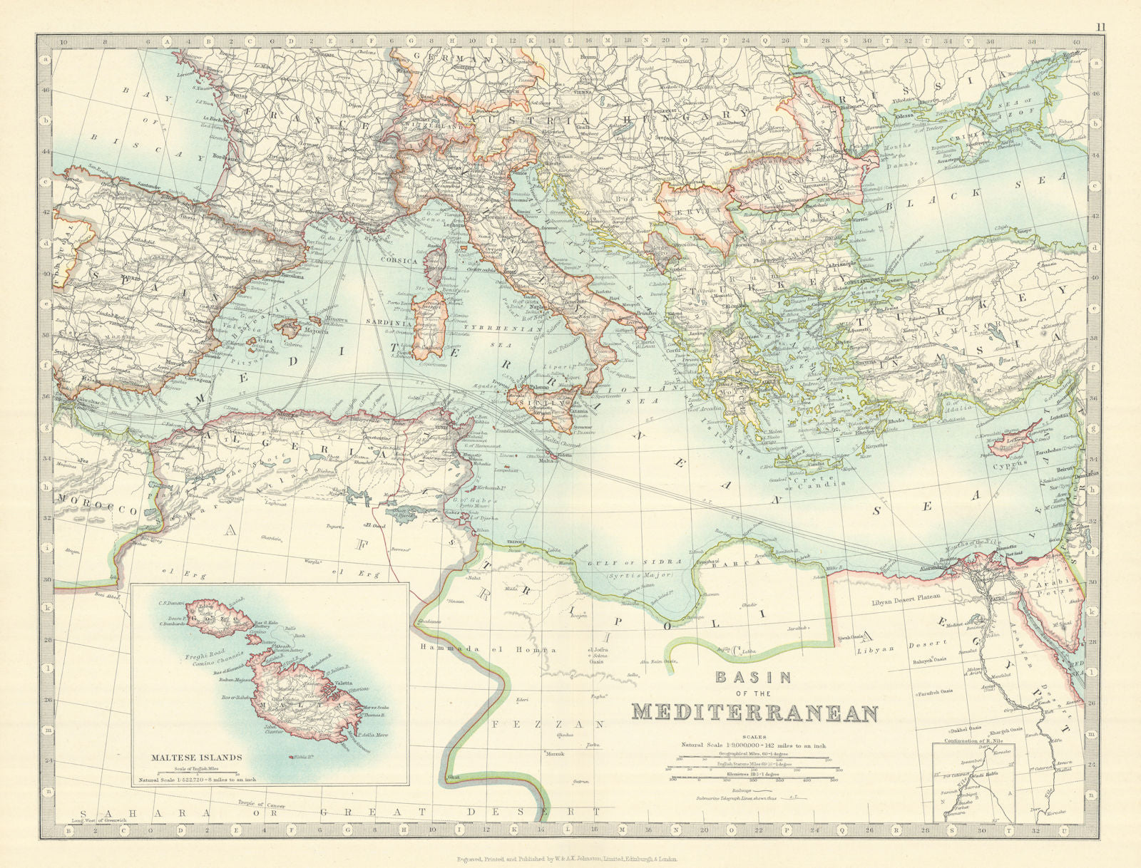 MEDITERRANEAN SEA. Submarine cables. Railways. JOHNSTON 1913 old antique map